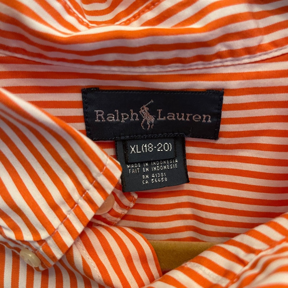 Ralph Lauren Boys XL 18-20 Orange White Striped Cotton Button Down Shirt Pony - Picture 3 of 7